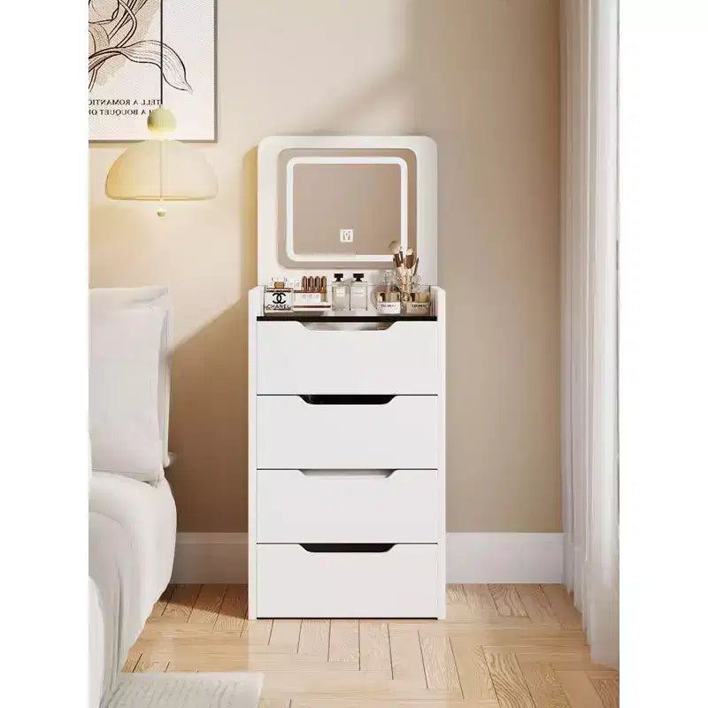 Coiffeuse 3 en 1 avec miroir rabattable, coiffeuse compacte avec plateau en verre et tabouret rembourré, coiffeuse pour chambre à coucher