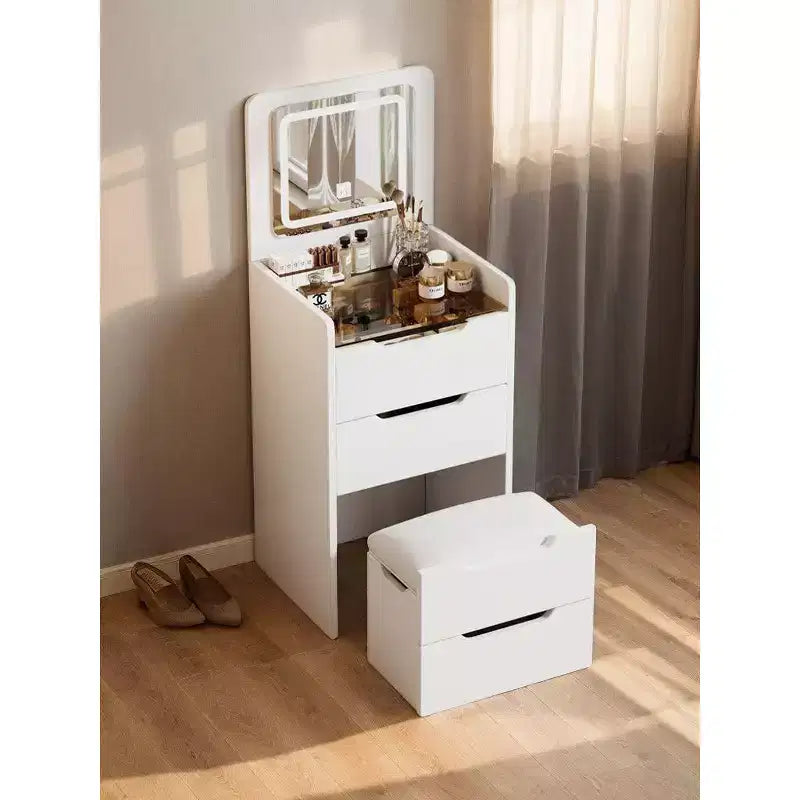 Coiffeuse 3 en 1 avec miroir rabattable, coiffeuse compacte avec plateau en verre et tabouret rembourré, coiffeuse pour chambre à coucher
