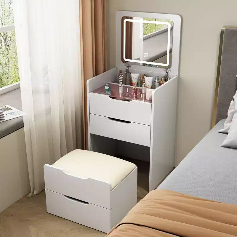 Coiffeuse 3 en 1 avec miroir rabattable, coiffeuse compacte avec plateau en verre et tabouret rembourré, coiffeuse pour chambre à coucher