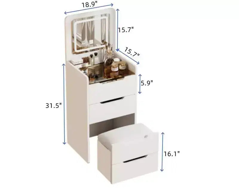 Coiffeuse 3 en 1 avec miroir rabattable, coiffeuse compacte avec plateau en verre et tabouret rembourré, coiffeuse pour chambre à coucher