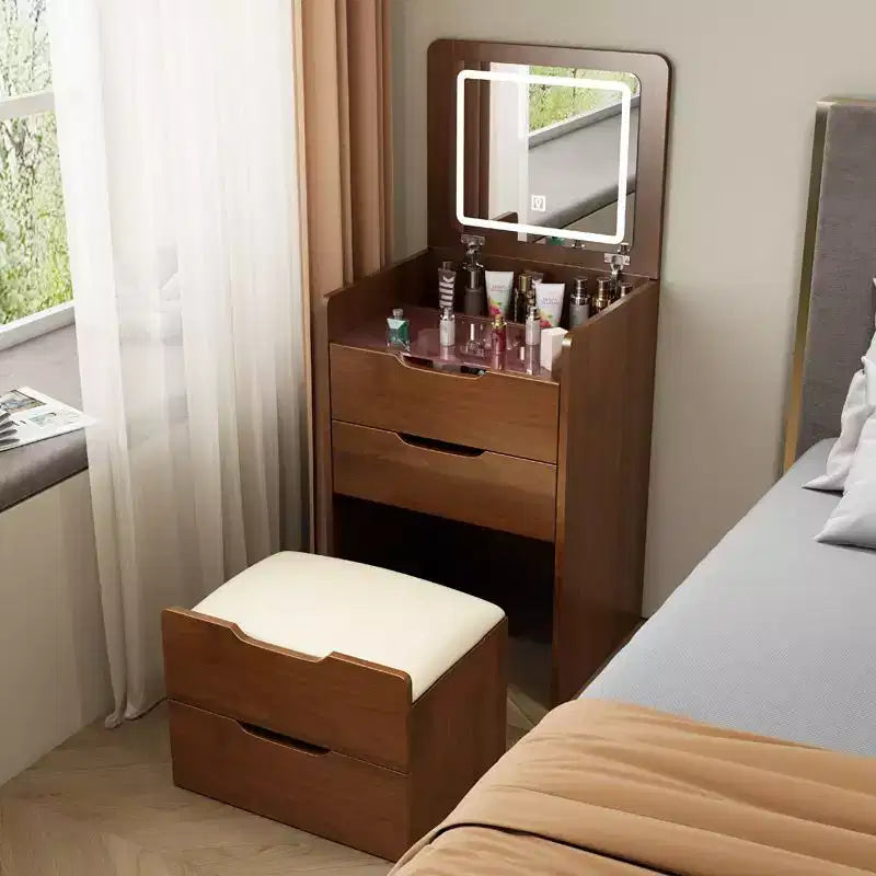 Coiffeuse 3 en 1 avec miroir rabattable, coiffeuse compacte avec plateau en verre et tabouret rembourré, coiffeuse pour chambre à coucher