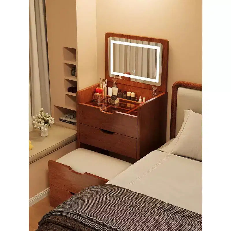 Coiffeuse 3 en 1 avec miroir rabattable, coiffeuse compacte avec plateau en verre et tabouret rembourré, coiffeuse pour chambre à coucher