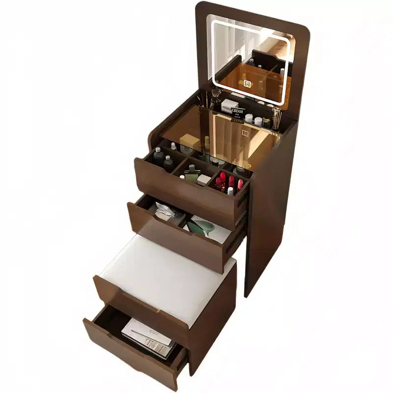 Coiffeuse 3 en 1 avec miroir rabattable, coiffeuse compacte avec plateau en verre et tabouret rembourré, coiffeuse pour chambre à coucher