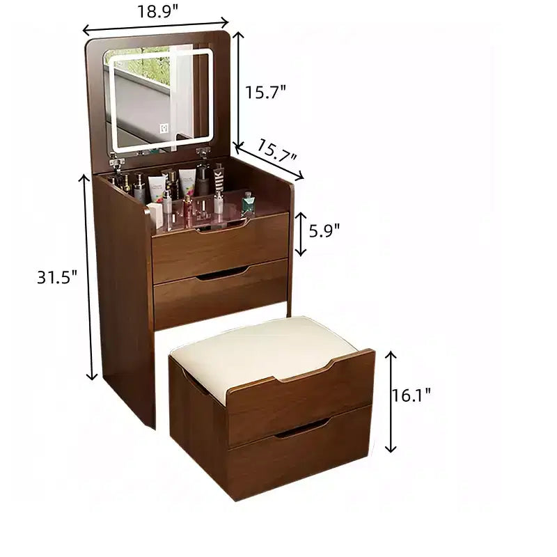 Coiffeuse 3 en 1 avec miroir rabattable, coiffeuse compacte avec plateau en verre et tabouret rembourré, coiffeuse pour chambre à coucher