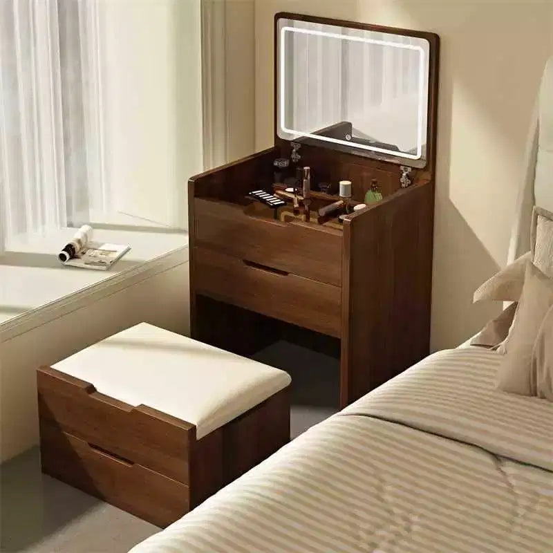 Coiffeuse 3 en 1 avec miroir rabattable, coiffeuse compacte avec plateau en verre et tabouret rembourré, coiffeuse pour chambre à coucher