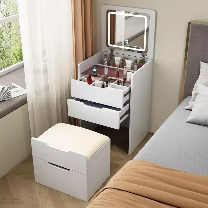 Coiffeuse 3 en 1 avec miroir rabattable, coiffeuse compacte avec plateau en verre et tabouret rembourré, coiffeuse pour chambre à coucher