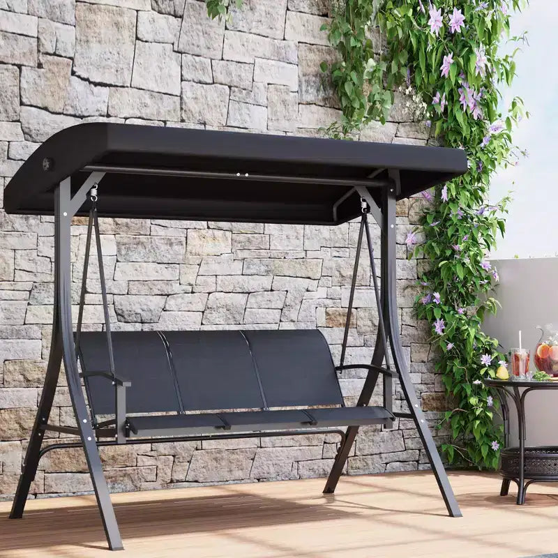Balançoire de jardin 3 places noire - Auvent réglable et accoudoirs, Banc suspendu en tissu textilène respirant pour jardin, piscine, et arrière-cour