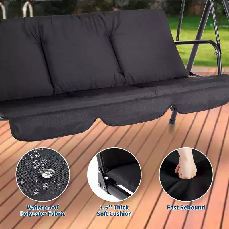 Balançoire de jardin 3 places noire - Auvent réglable et accoudoirs, Banc suspendu en tissu textilène respirant pour jardin, piscine, et arrière-cour