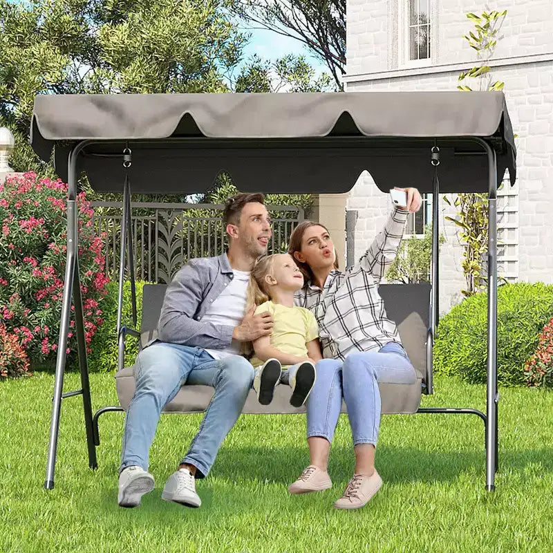 Balançoire de jardin 3 places noire - Auvent réglable et accoudoirs, Banc suspendu en tissu textilène respirant pour jardin, piscine, et arrière-cour