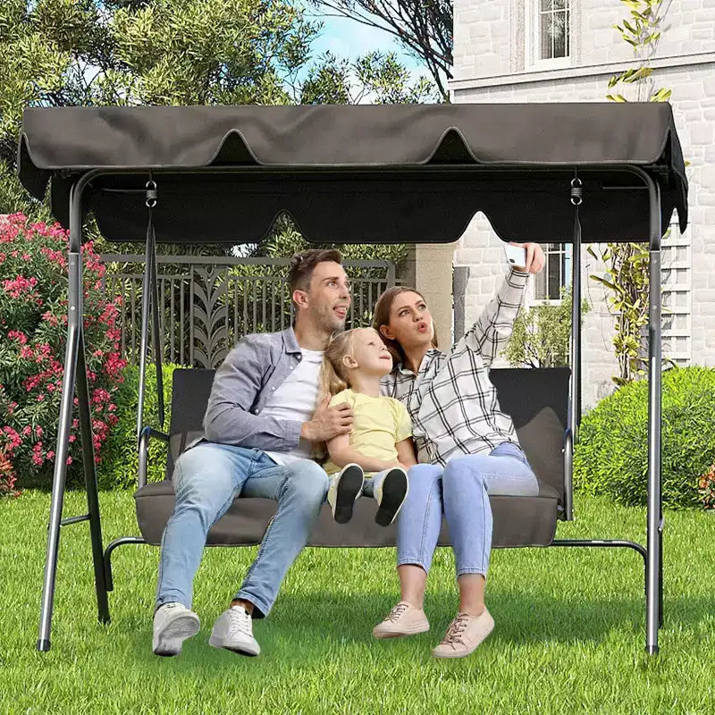 Balançoire de jardin 3 places noire - Auvent réglable et accoudoirs, Banc suspendu en tissu textilène respirant pour jardin, piscine, et arrière-cour