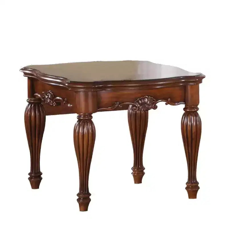 Table d'appoint carrée avec pieds en volute et étagère inférieure, brun cerise