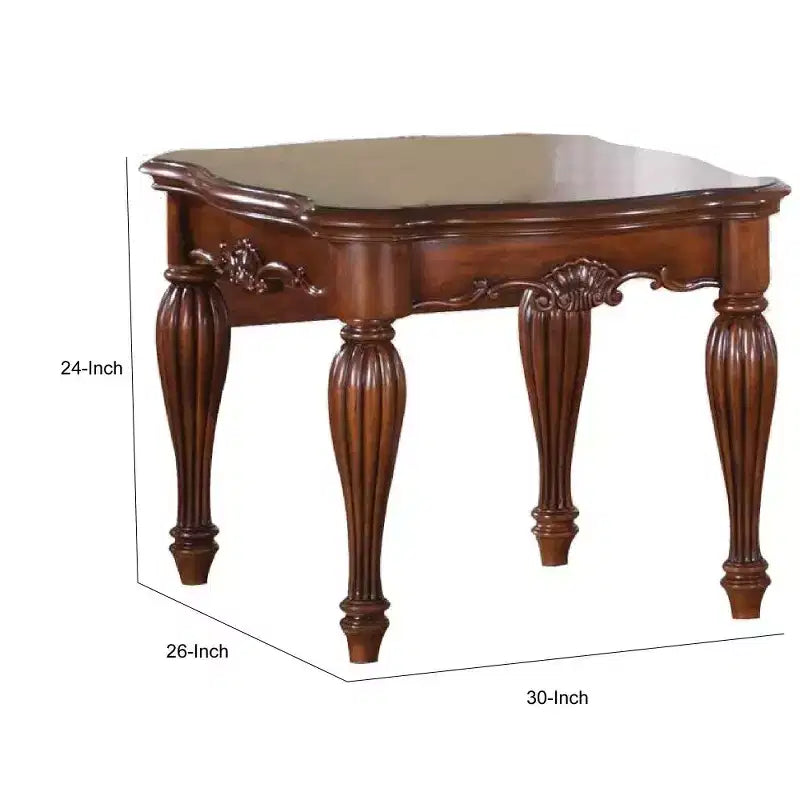Table d'appoint carrée avec pieds en volute et étagère inférieure, brun cerise