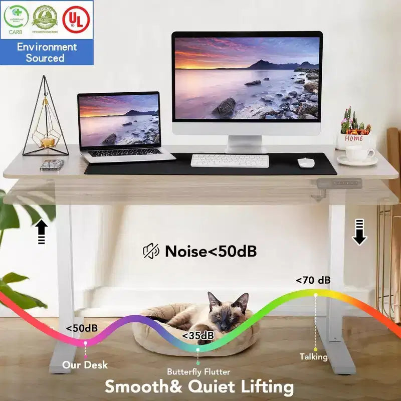 Bureau d'ordinateur électrique debout, réglable en hauteur 63x24 avec prise, roulettes, cadre à double poutre, tapis de souris