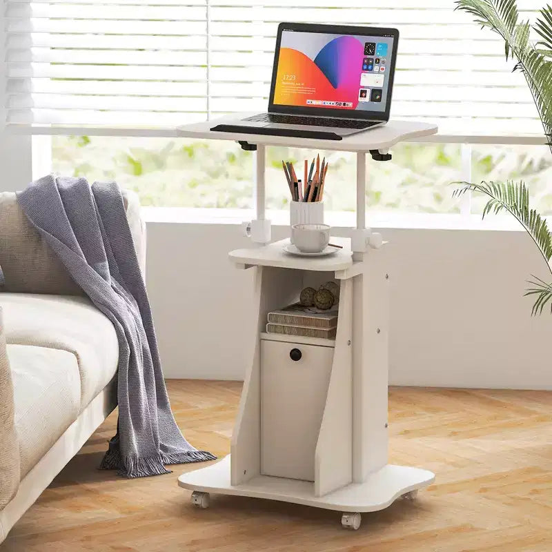 Chariot de bureau mobile avec support pour ordinateur portable, rangement et hauteur réglable, blanc/noir