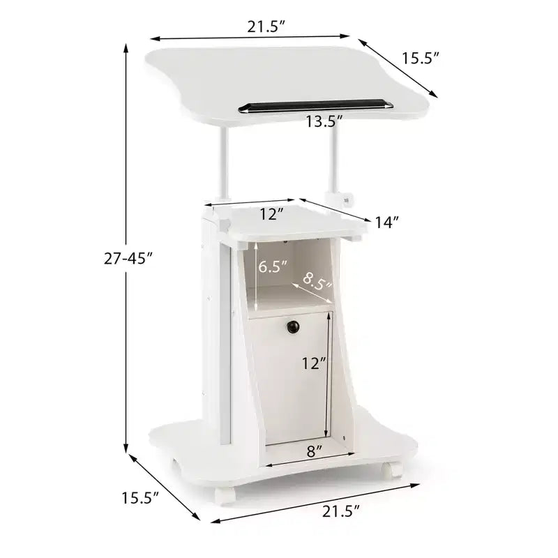 Chariot de bureau mobile avec support pour ordinateur portable, rangement et hauteur réglable, blanc/noir
