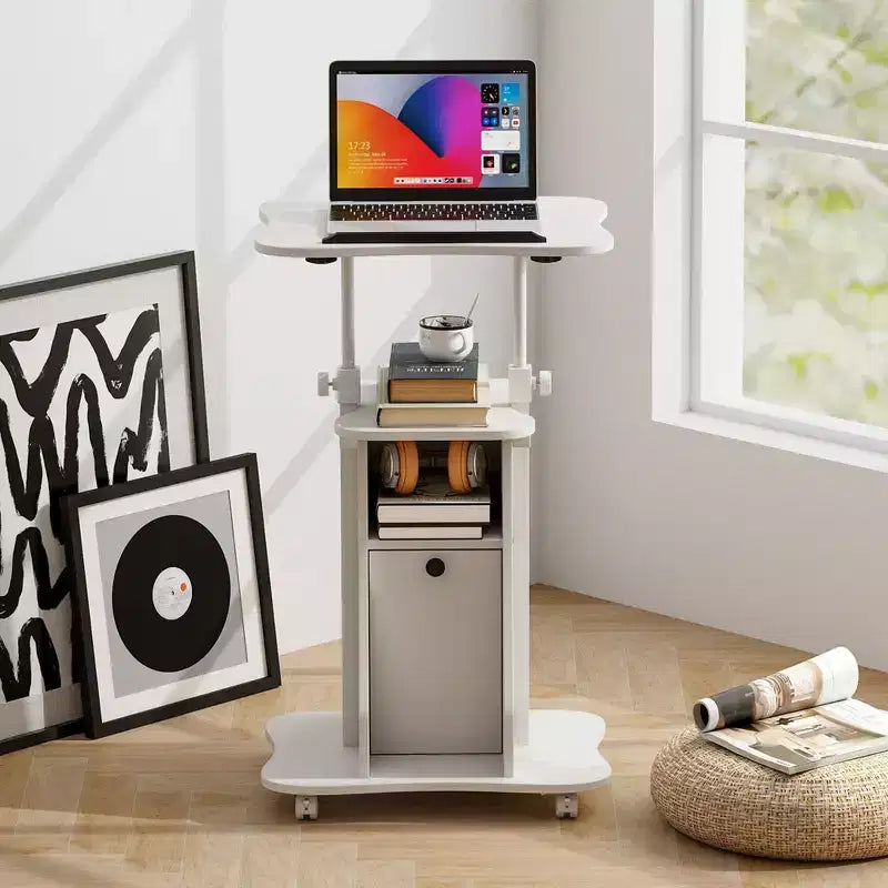 Chariot de bureau mobile avec support pour ordinateur portable, rangement et hauteur réglable, blanc/noir