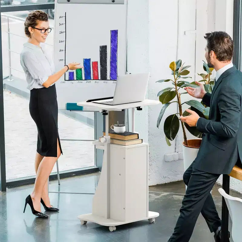 Chariot de bureau mobile avec support pour ordinateur portable, rangement et hauteur réglable, blanc/noir
