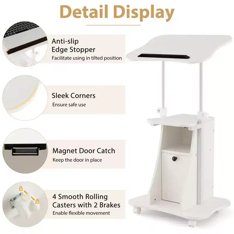 Chariot de bureau mobile avec support pour ordinateur portable, rangement et hauteur réglable, blanc/noir