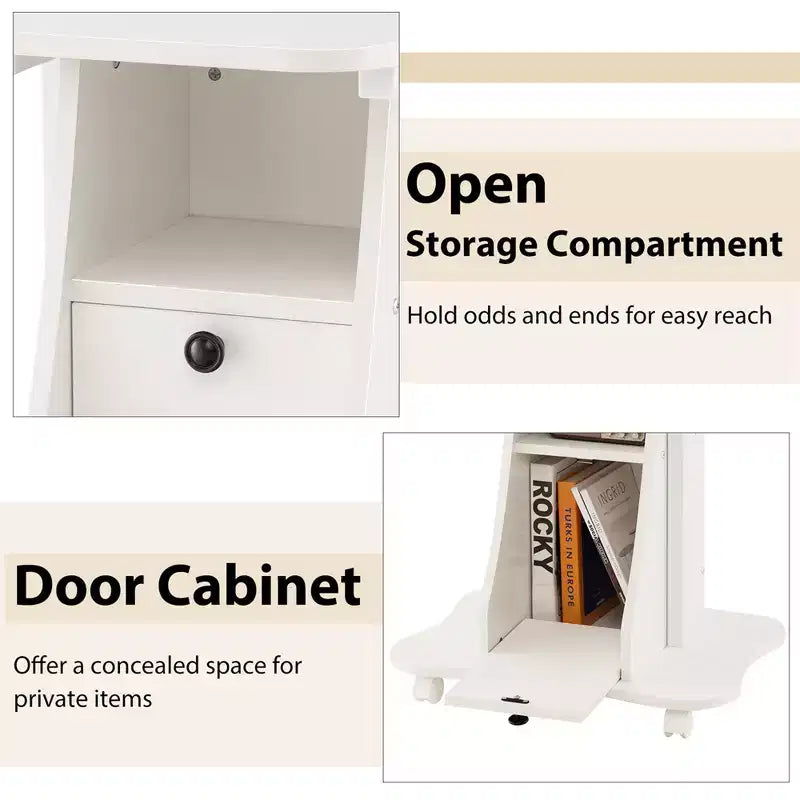 Chariot de bureau mobile avec support pour ordinateur portable, rangement et hauteur réglable, blanc/noir