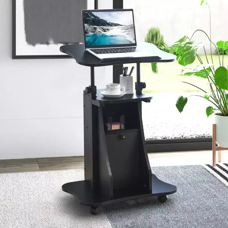 Chariot de bureau mobile avec support pour ordinateur portable, rangement et hauteur réglable, blanc/noir