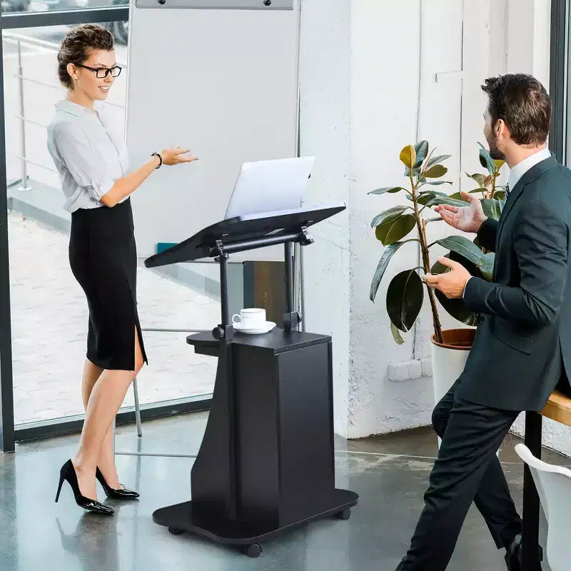 Chariot de bureau mobile avec support pour ordinateur portable, rangement et hauteur réglable, blanc/noir