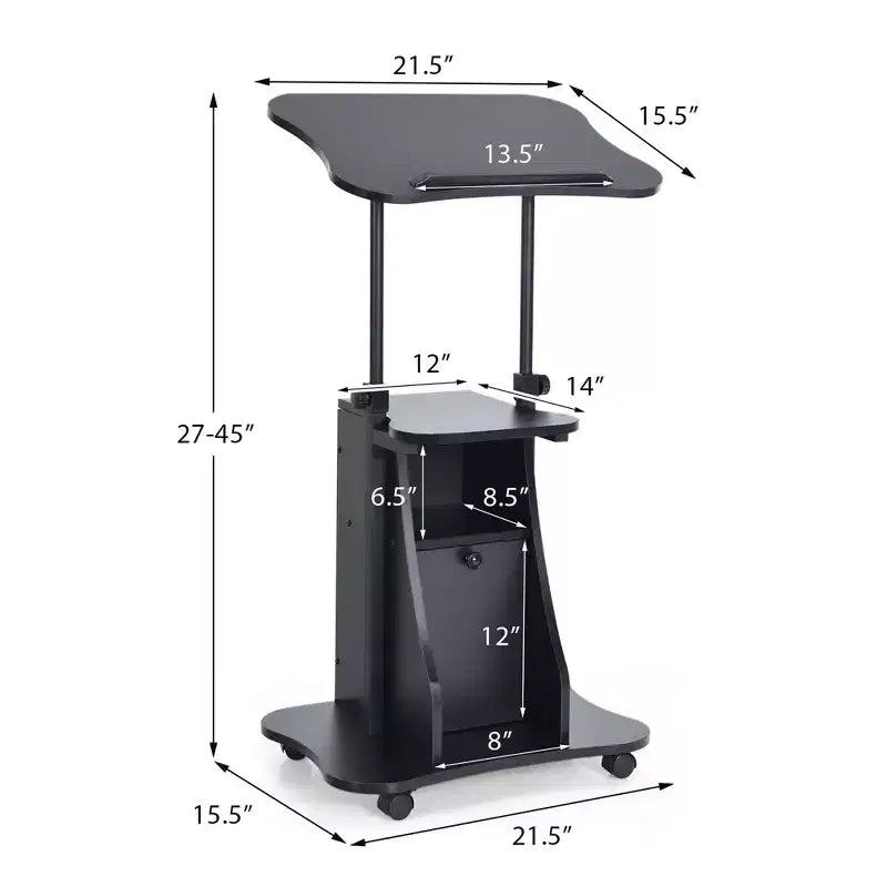 Chariot de bureau mobile avec support pour ordinateur portable, rangement et hauteur réglable, blanc/noir