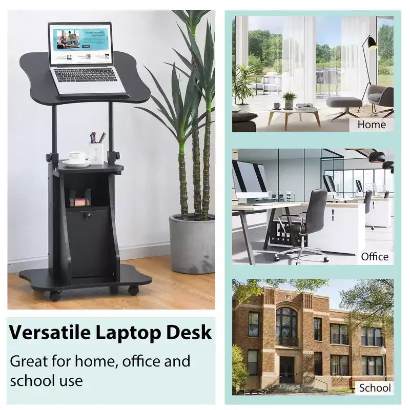 Chariot de bureau mobile avec support pour ordinateur portable, rangement et hauteur réglable, blanc/noir