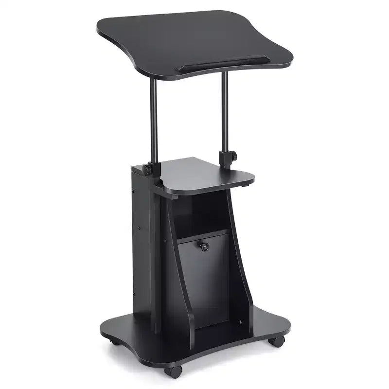 Chariot de bureau mobile avec support pour ordinateur portable, rangement et hauteur réglable, blanc/noir