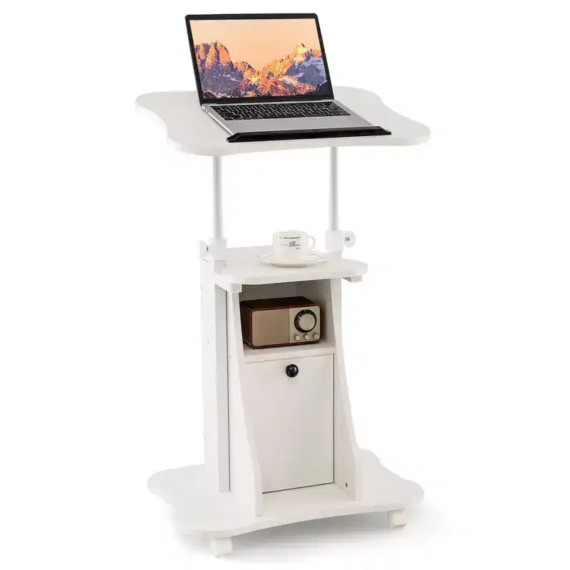 Chariot de bureau mobile avec support pour ordinateur portable, rangement et hauteur réglable, blanc/noir