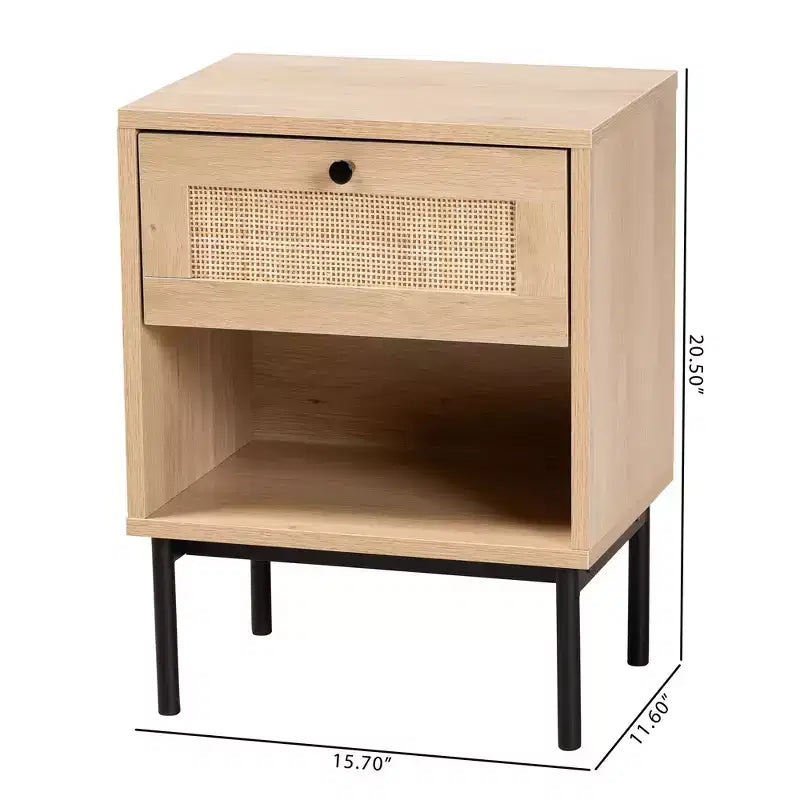 Table d'appoint à 1 tiroir marron clair et noir de style Mid-Century Modern avec accent en rotin tressé