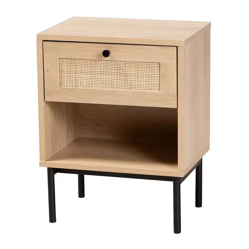 Table d'appoint à 1 tiroir marron clair et noir de style Mid-Century Modern avec accent en rotin tressé
