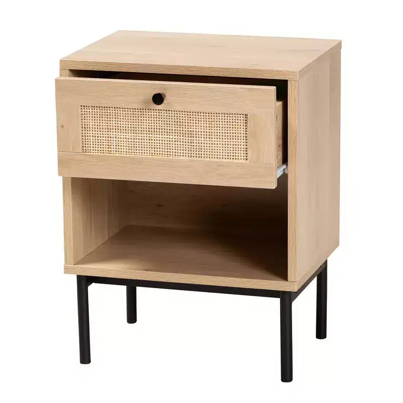 Table d'appoint à 1 tiroir marron clair et noir de style Mid-Century Modern avec accent en rotin tressé