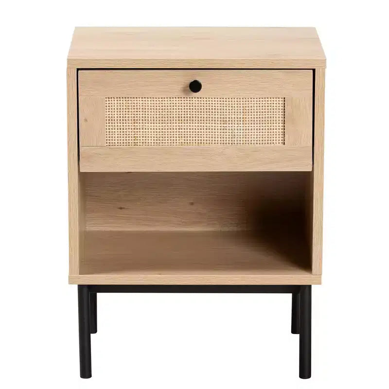 Table d'appoint à 1 tiroir marron clair et noir de style Mid-Century Modern avec accent en rotin tressé
