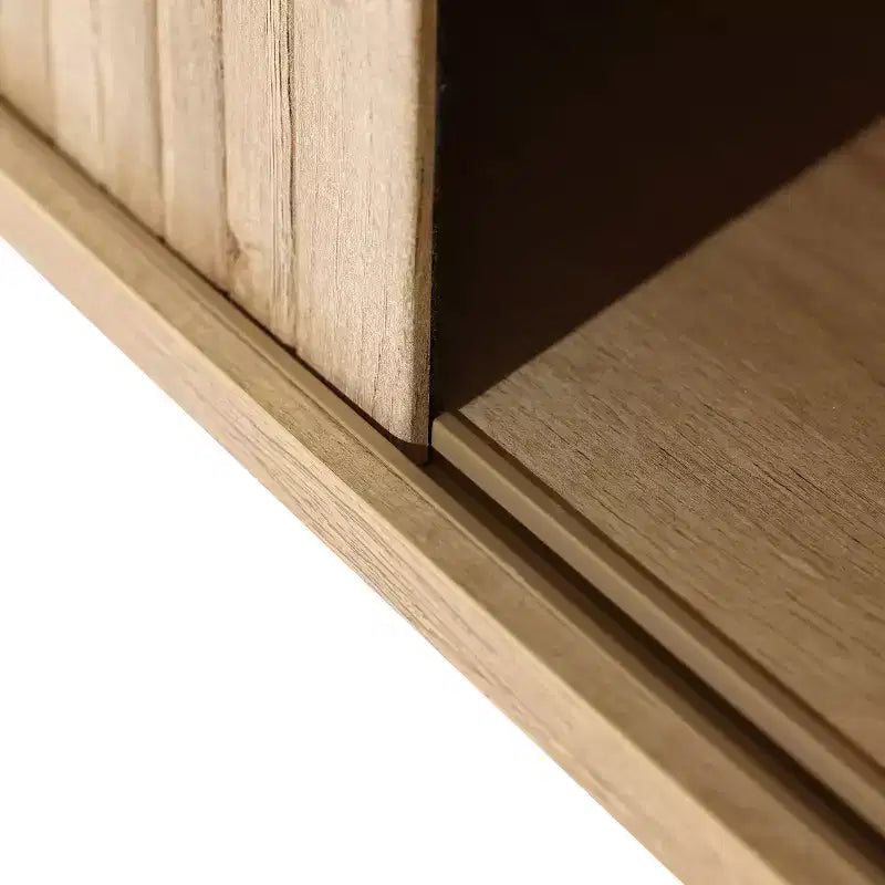 62,6 po. Meuble TV moderne avec rangement pour téléviseurs jusqu'à 65 pouces, console de divertissement en chêne avec portes coulissantes, brun