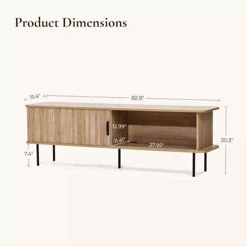 62,6 po. Meuble TV moderne avec rangement pour téléviseurs jusqu'à 65 pouces, console de divertissement en chêne avec portes coulissantes, brun