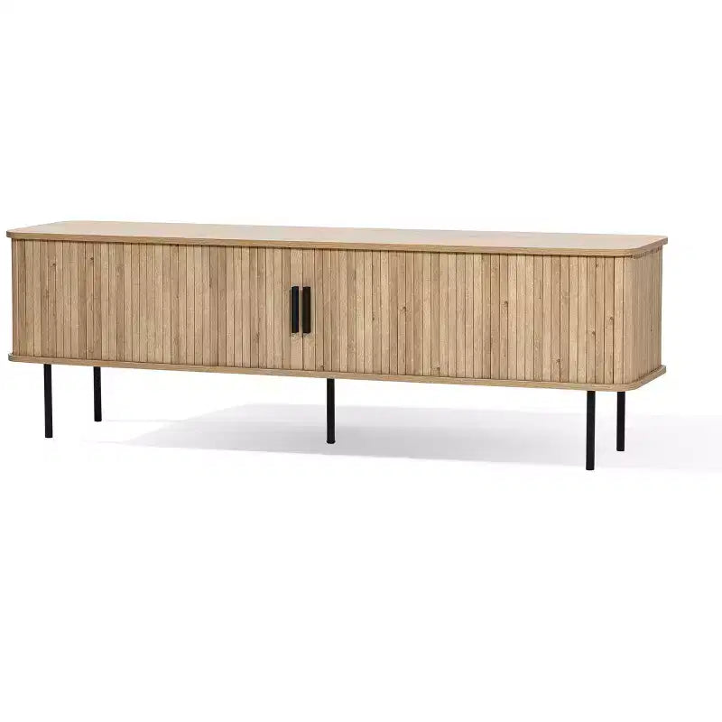 62,6 po. Meuble TV moderne avec rangement pour téléviseurs jusqu'à 65 pouces, console de divertissement en chêne avec portes coulissantes, brun